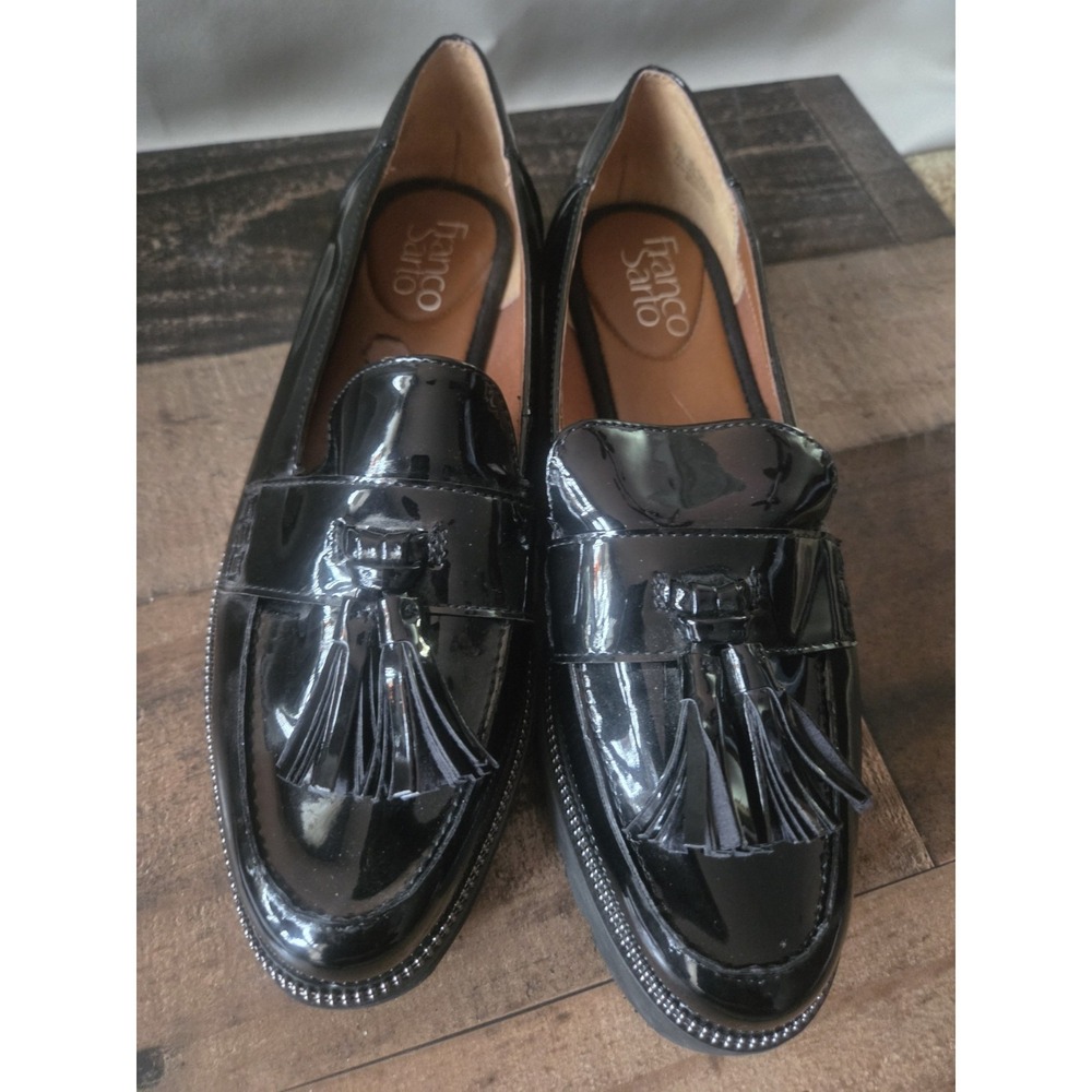 Franco Sarto Black Patent Leather Tassel Loafers Womens Sz 7.5